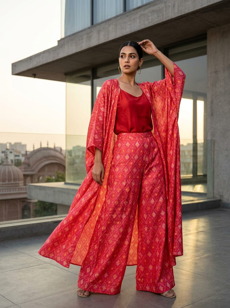 Red Ethnic Ikat Style Diamond Pattern Tusser Silk Digital Printed Fabric