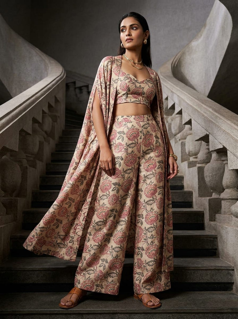 Cream Vintage Ethnic Floral Jaal Tusser Silk Digital Printed Fabric