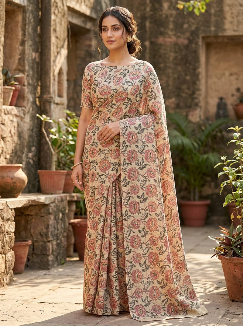 Cream Vintage Ethnic Floral Jaal Tusser Silk Digital Printed Fabric