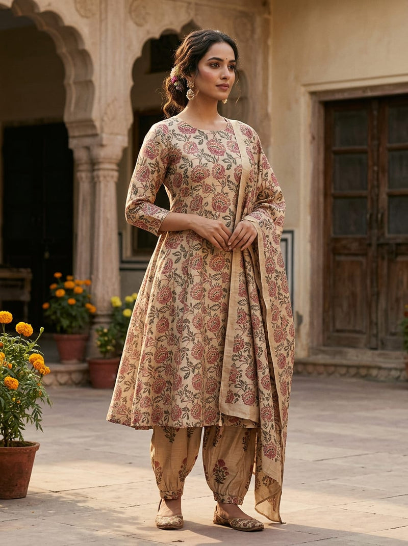 Cream Vintage Ethnic Floral Jaal Tusser Silk Digital Printed Fabric