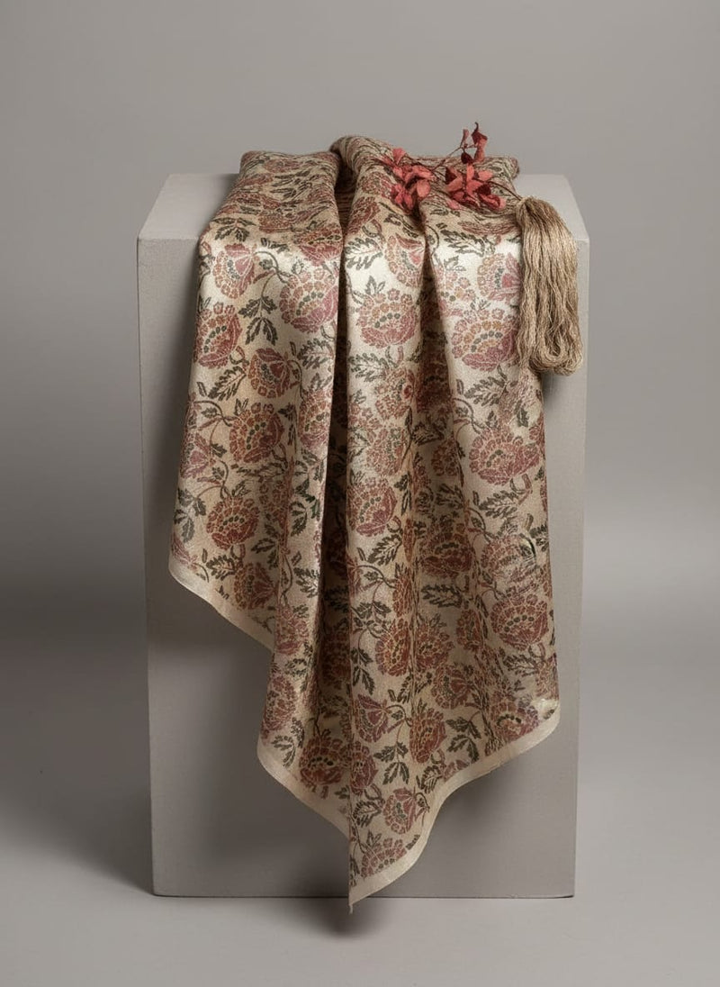 Cream Vintage Ethnic Floral Jaal Tusser Silk Digital Printed Fabric