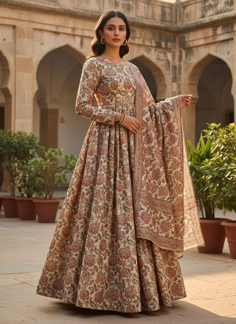 Cream Vintage Ethnic Floral Jaal Tusser Silk Digital Printed Fabric