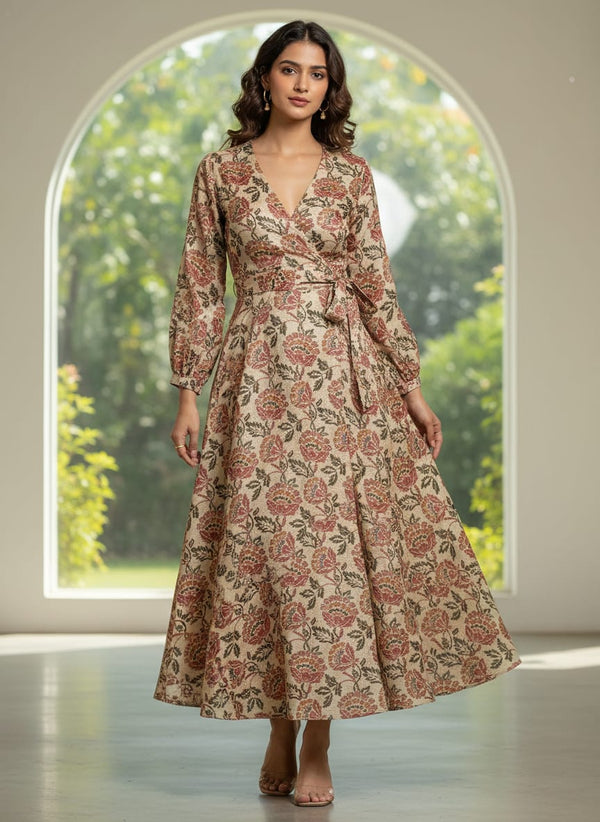 Cream Vintage Ethnic Floral Jaal Tusser Silk Digital Printed Fabric - Wrap Dress Lookbook - PS-0-0MA3698-108 - alternate view
