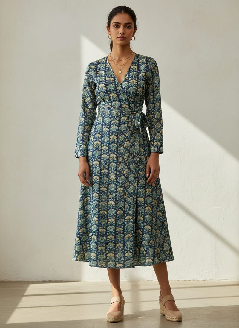 Navy Ethnic Floral Jaal Pattern Tusser Silk Digital Printed Fabric
