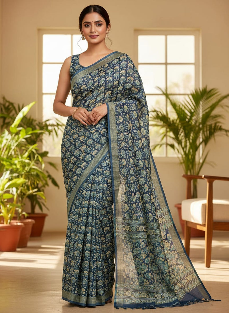 Navy Ethnic Floral Jaal Pattern Tusser Silk Digital Printed Fabric