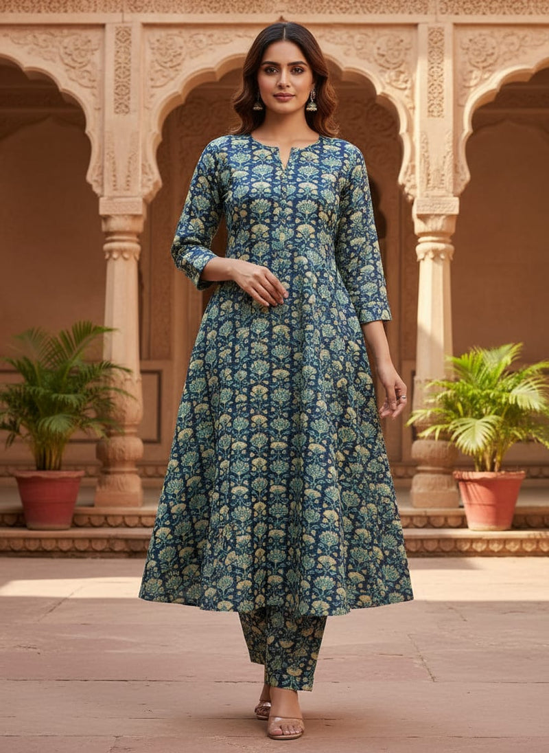 Navy Ethnic Floral Jaal Pattern Tusser Silk Digital Printed Fabric