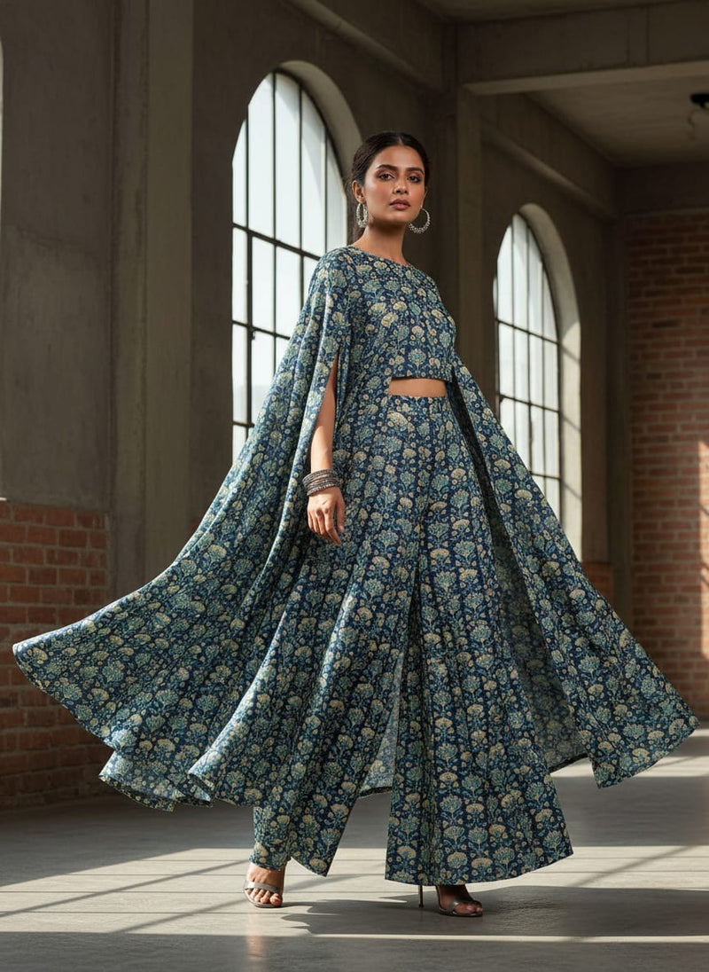 Navy Ethnic Floral Jaal Pattern Tusser Silk Digital Printed Fabric
