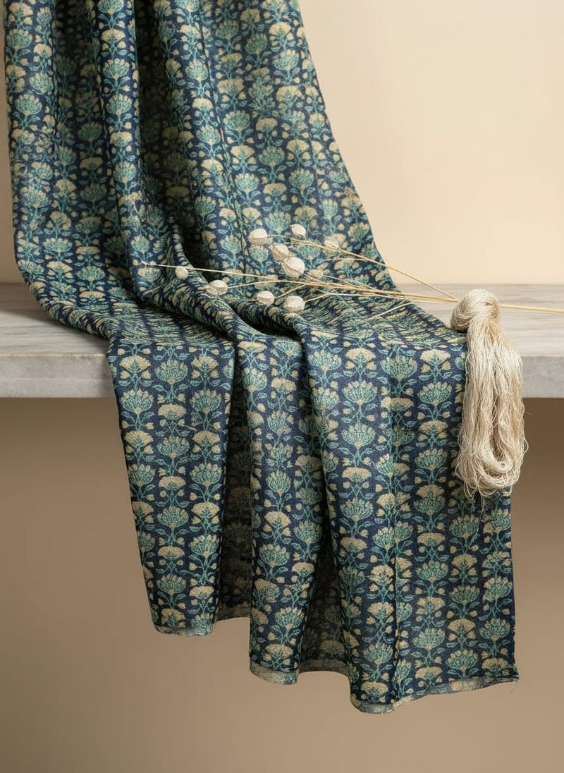 Navy Ethnic Floral Jaal Pattern Tusser Silk Digital Printed Fabric