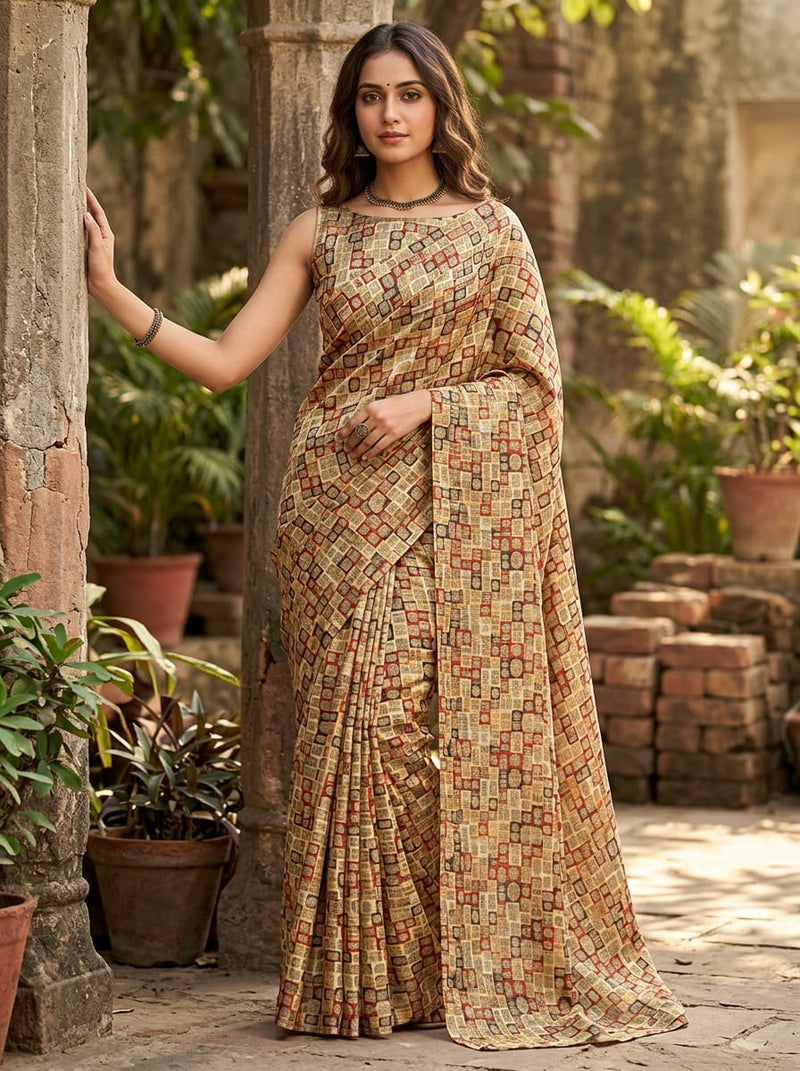 Multicolor Ethnic Geometric Mosaic Print Tusser Silk Digital Printed Fabric
