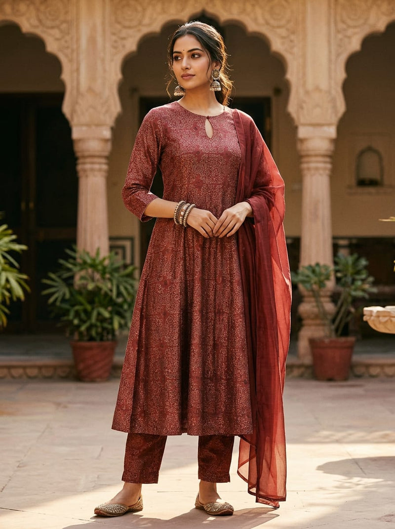 Maroon Royal Ethnic Jaal Tusser Silk Digital Printed Fabric