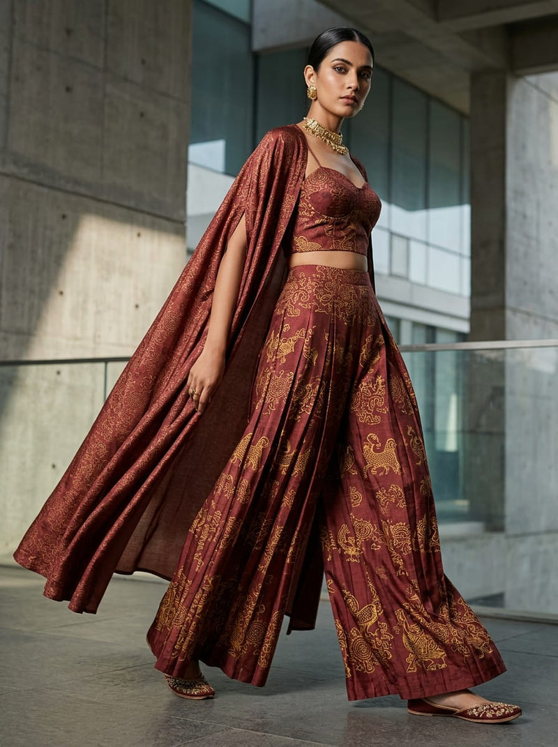 Maroon Royal Ethnic Jaal Tusser Silk Digital Printed Fabric