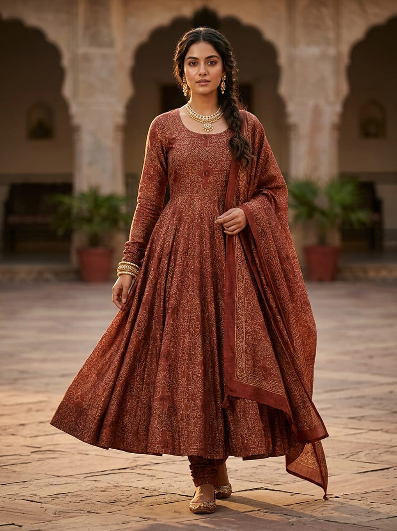 Maroon Royal Ethnic Jaal Tusser Silk Digital Printed Fabric