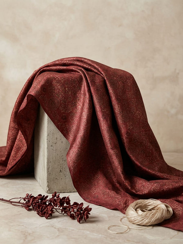 Maroon Royal Ethnic Jaal Tusser Silk Digital Printed Fabric