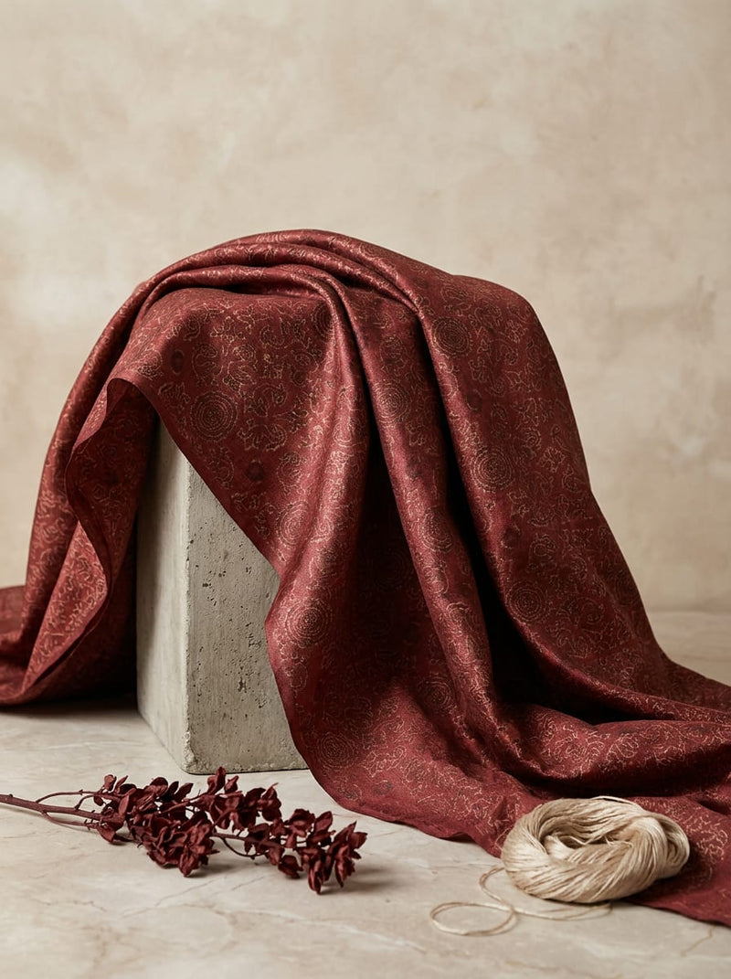 Maroon Royal Ethnic Jaal Tusser Silk Digital Printed Fabric