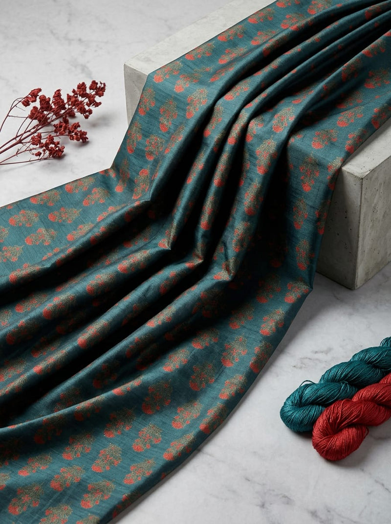 Teal Ethnic Floral Bouquet Print Tusser Silk Digital Printed Fabric