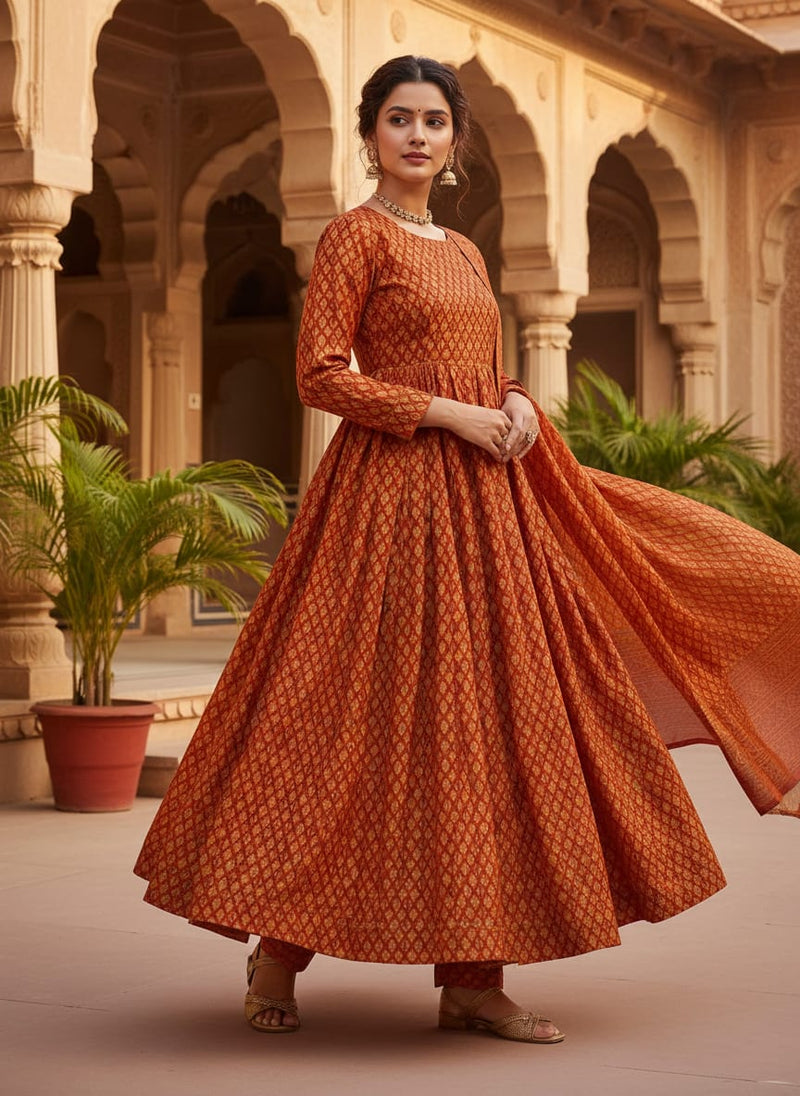 Orange Ethnic Geometric Diamond Pattern Tusser Silk Digital Printed Fabric