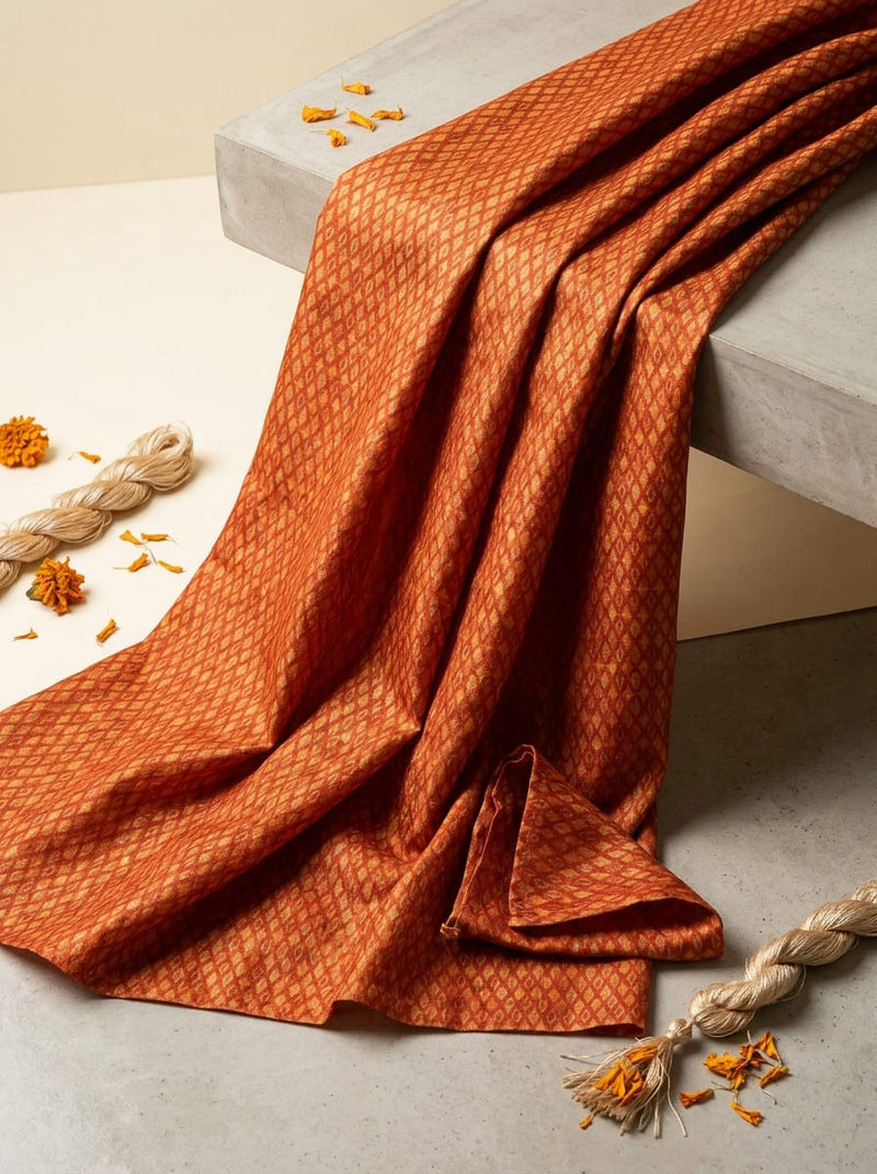 Orange Ethnic Geometric Diamond Pattern Tusser Silk Digital Printed Fabric