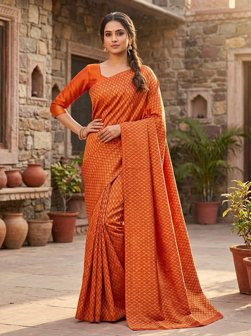 Orange Ethnic Geometric Diamond Pattern Tusser Silk Digital Printed Fabric