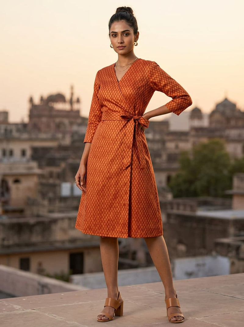 Orange Ethnic Geometric Diamond Pattern Tusser Silk Digital Printed Fabric