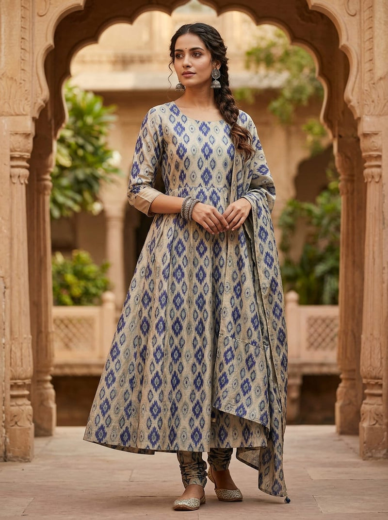 Blue Ethnic Ikat Diamond Pattern Tusser Silk Digital Printed Fabric