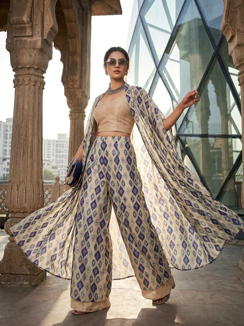 Blue Ethnic Ikat Diamond Pattern Tusser Silk Digital Printed Fabric