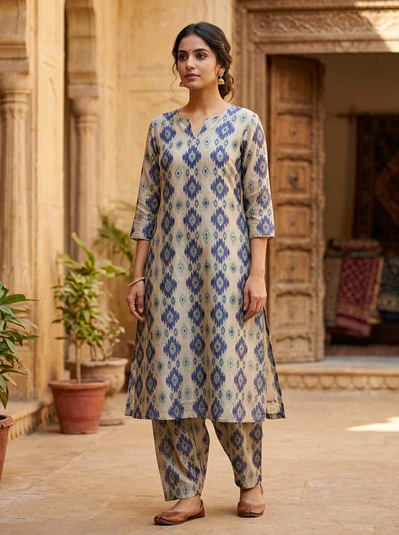 Blue Ethnic Ikat Diamond Pattern Tusser Silk Digital Printed Fabric