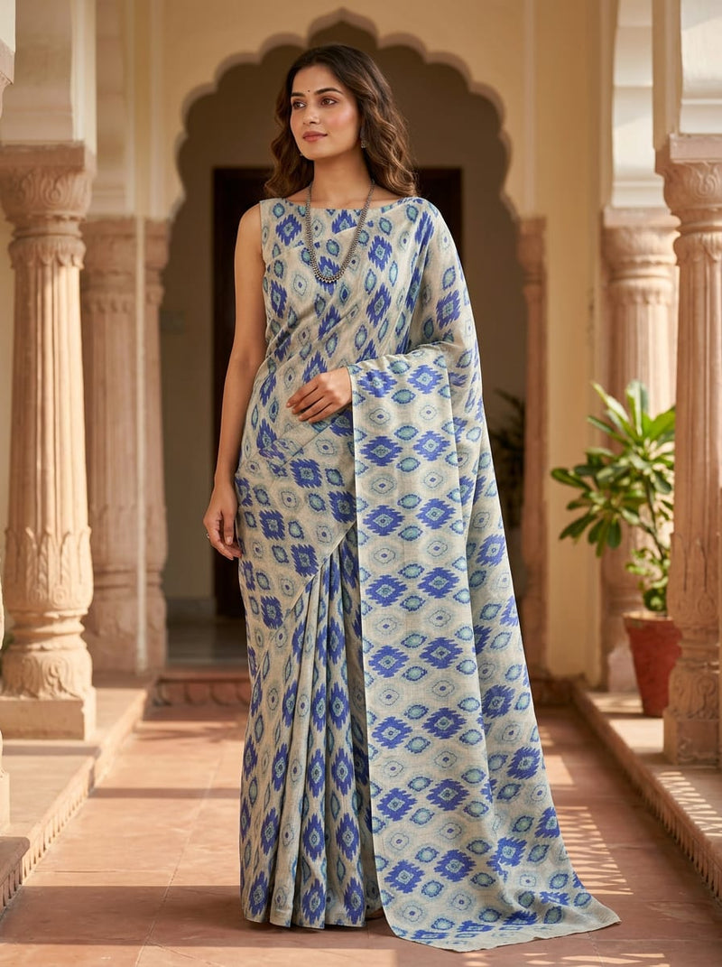 Blue Ethnic Ikat Diamond Pattern Tusser Silk Digital Printed Fabric