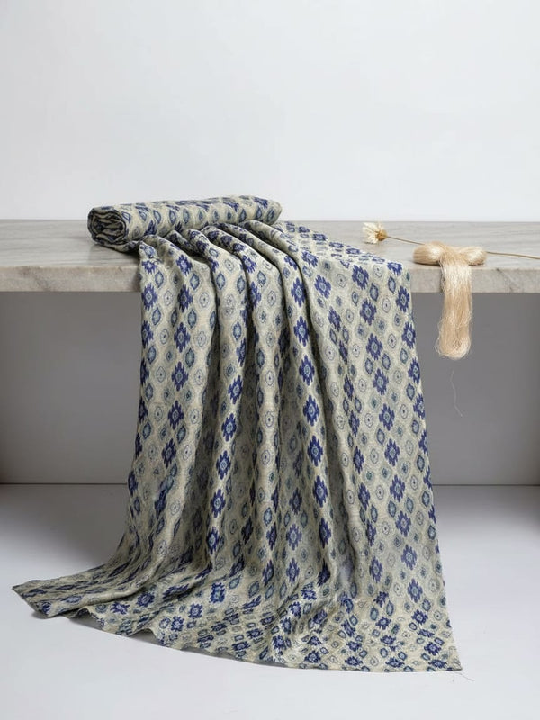 Blue Ethnic Ikat Diamond Pattern Tusser Silk Digital Printed Fabric