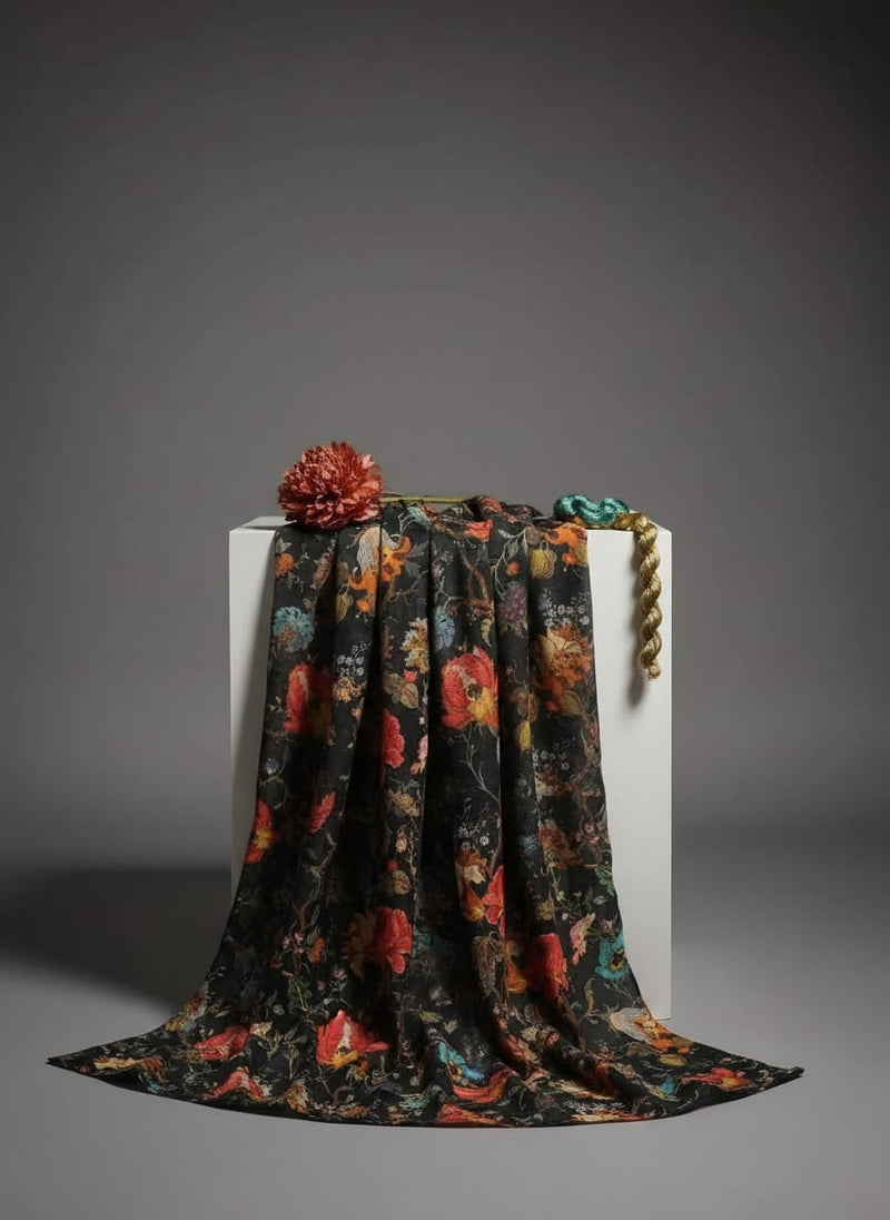 Black Vintage Botanical Floral Pure Muslin Digital Printed Fabric