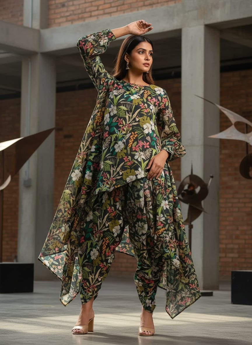 Multicolor Tropical Floral and Botanical Upada Silk Digital Printed Fabric