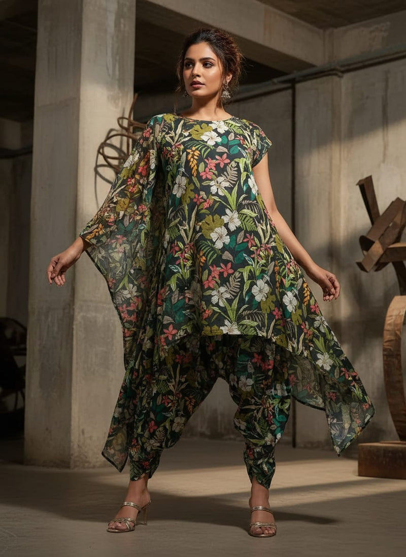 Multicolor Tropical Floral and Botanical Upada Silk Digital Printed Fabric