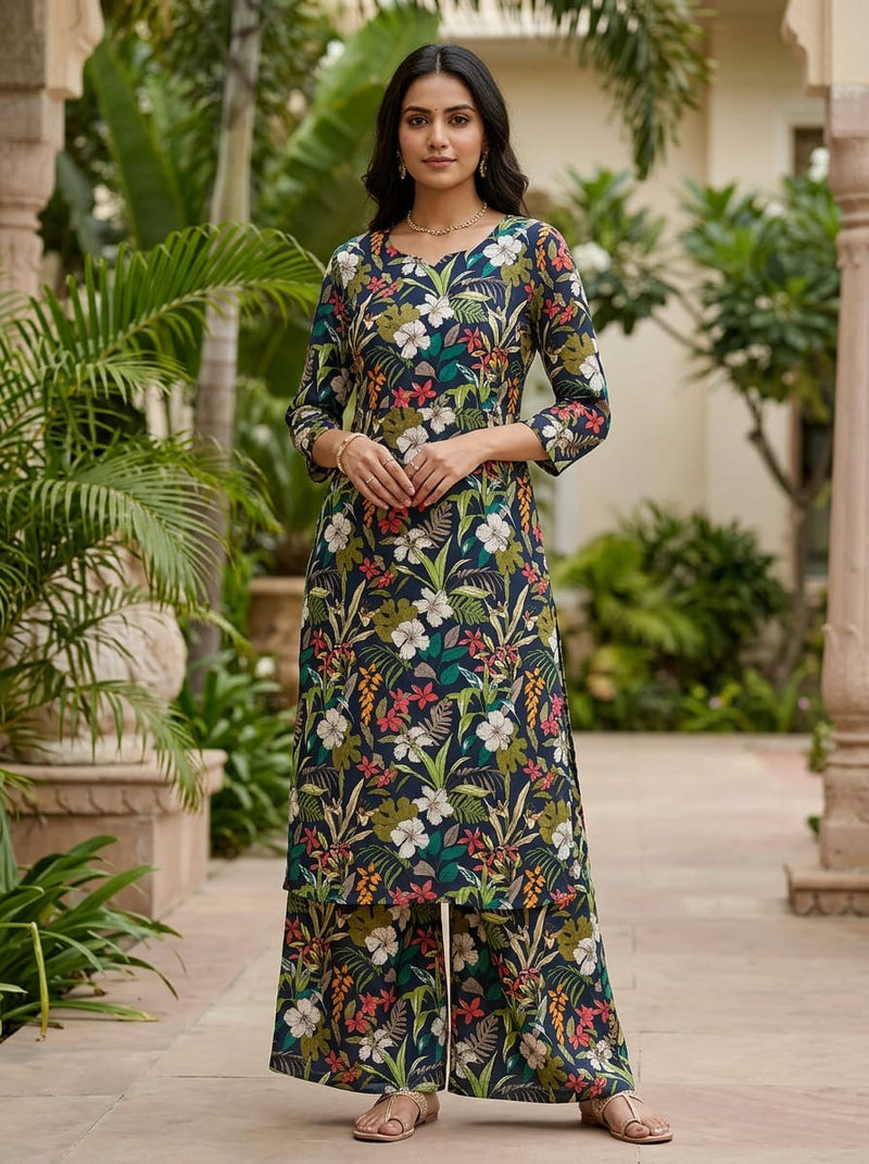 Multicolor Tropical Floral and Botanical Upada Silk Digital Printed Fabric