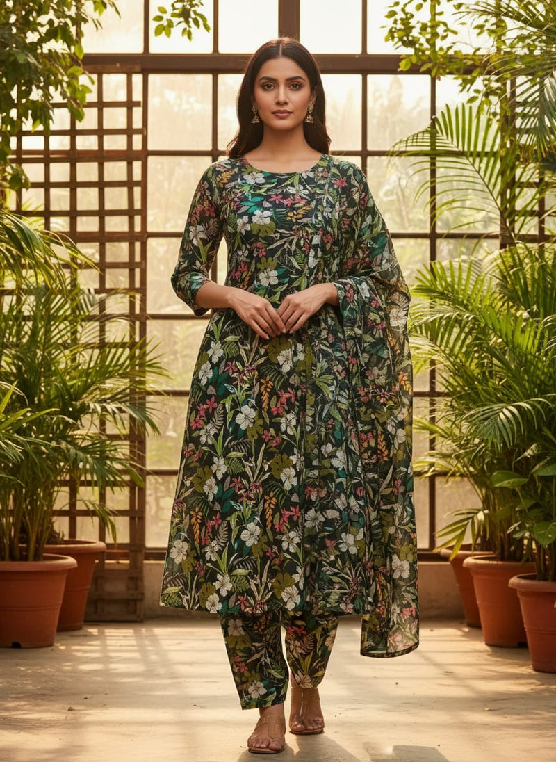 Multicolor Tropical Floral and Botanical Upada Silk Digital Printed Fabric