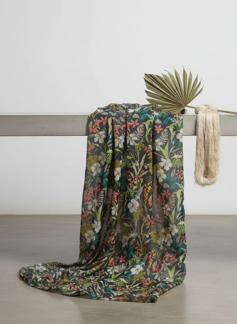 Multicolor Tropical Floral and Botanical Upada Silk Digital Printed Fabric
