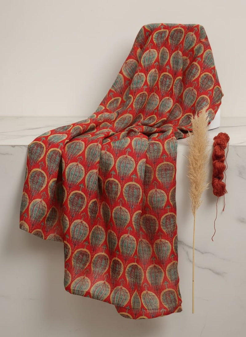 Red Ethnic Stylized Bud Pattern Pure Muslin Digital Printed Fabric