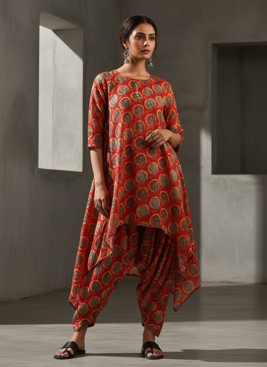 Red Ethnic Stylized Bud Pattern Pure Muslin Digital Printed Fabric