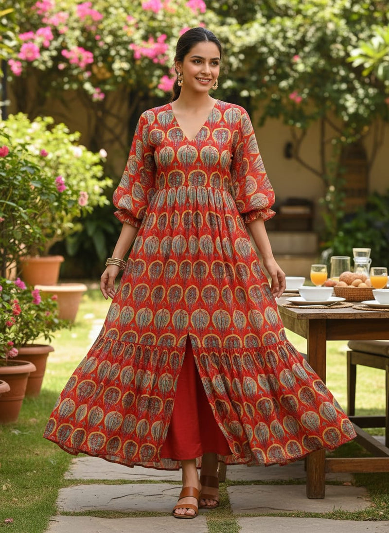 Red Ethnic Stylized Bud Pattern Pure Muslin Digital Printed Fabric