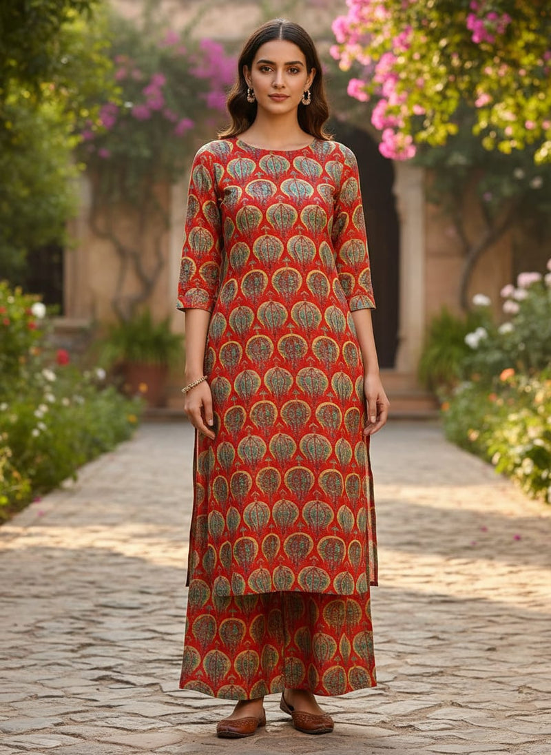 Red Ethnic Stylized Bud Pattern Pure Muslin Digital Printed Fabric