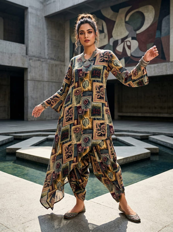 Multicolor Vintage Tapestry Floral Block Print Pure Muslin Digital Printed Fabric - Asymmetric Tunic with Dhoti Pants Lookbook - PM-0-BA1007-151 - alternate view