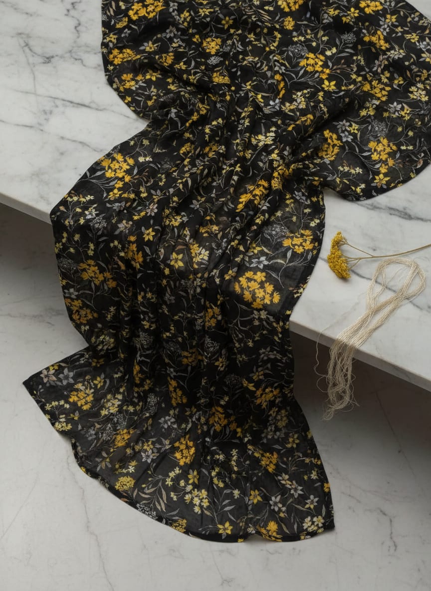 Black Yellow Wildflower Vine Pure Muslin Digital Printed Fabric