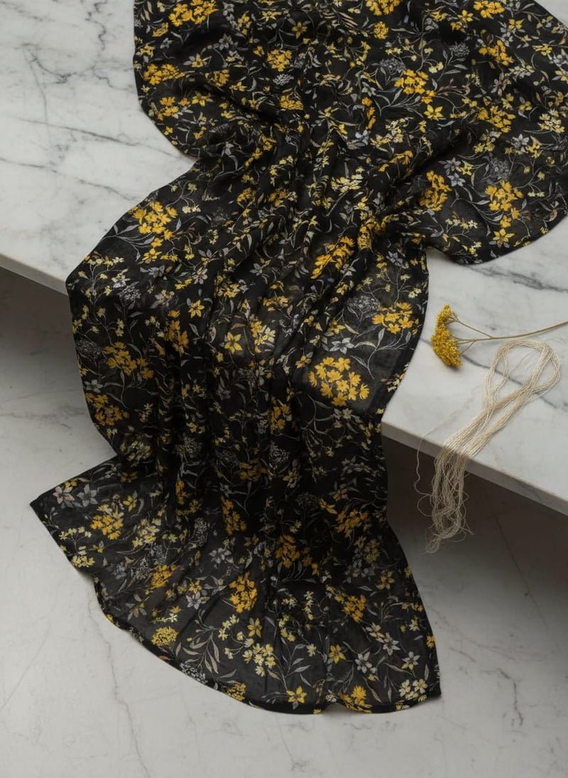 Black Yellow Wildflower Vine Pure Muslin Digital Printed Fabric