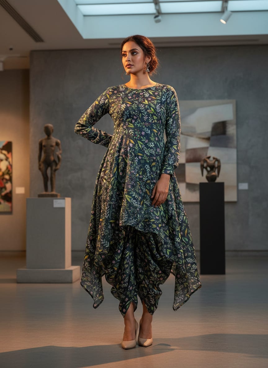 Navy Ditsy Botanical Leaf Print Upada Silk Digital Printed Fabric
