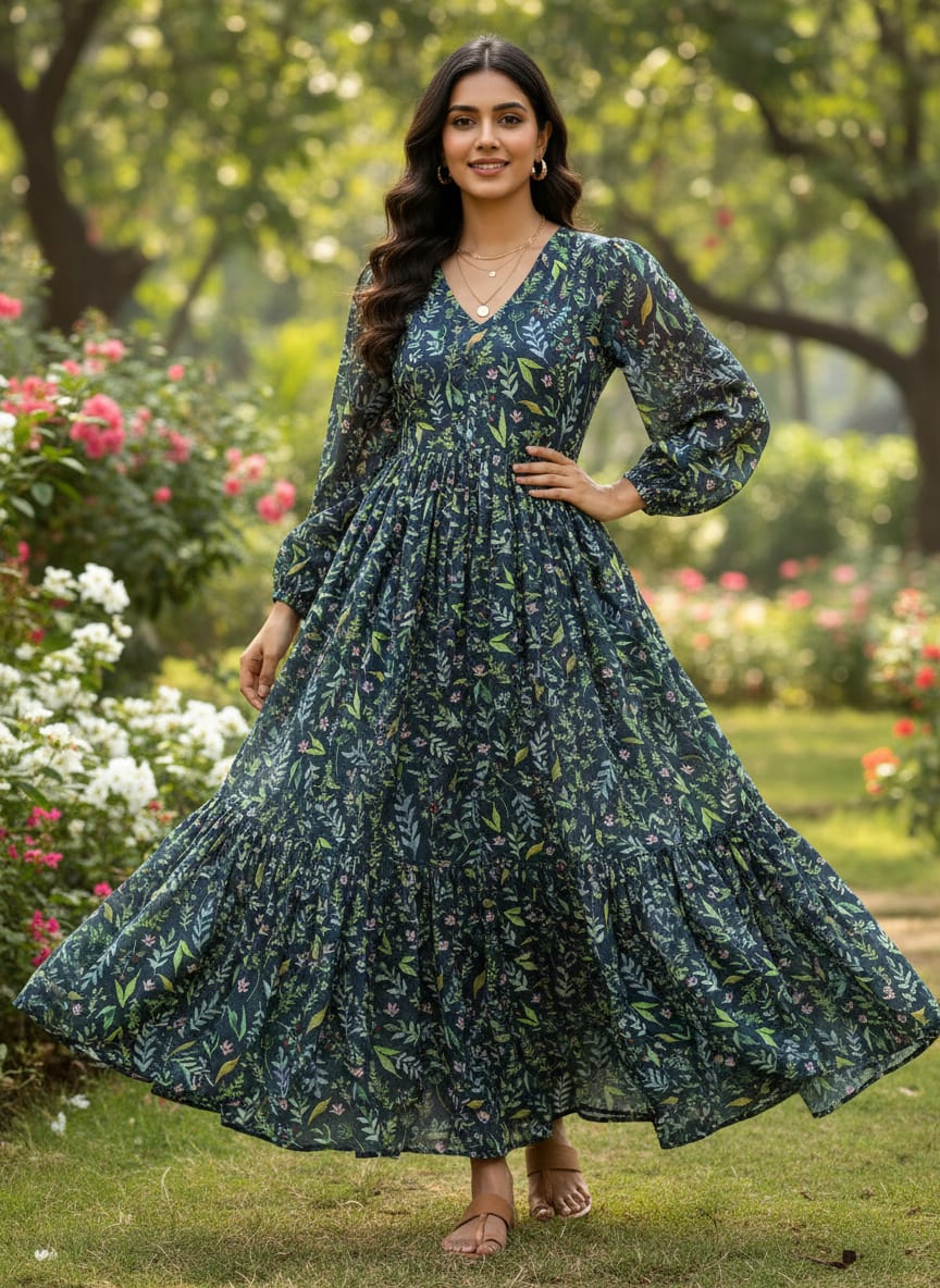 Navy Ditsy Botanical Leaf Print Upada Silk Digital Printed Fabric