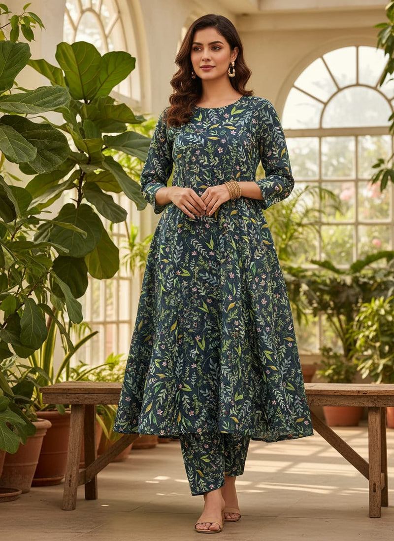 Navy Ditsy Botanical Leaf Print Upada Silk Digital Printed Fabric