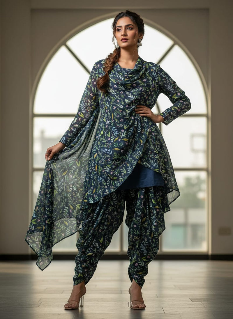 Navy Ditsy Botanical Leaf Print Upada Silk Digital Printed Fabric