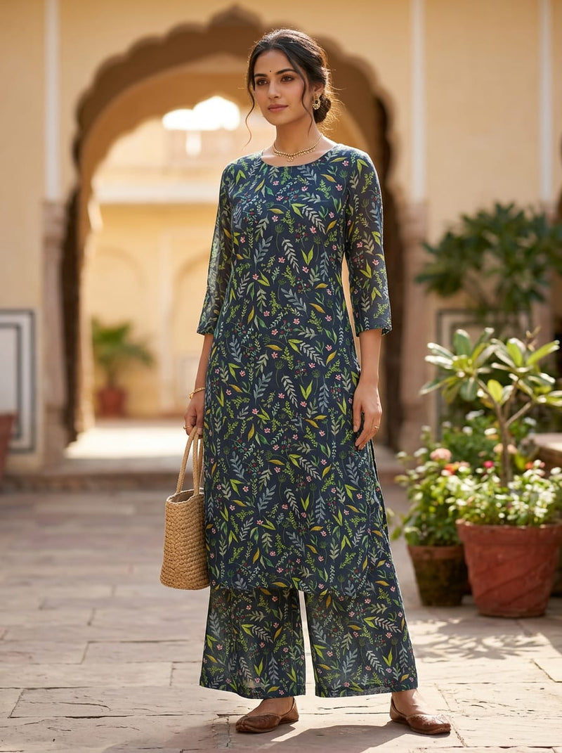 Navy Ditsy Botanical Leaf Print Upada Silk Digital Printed Fabric