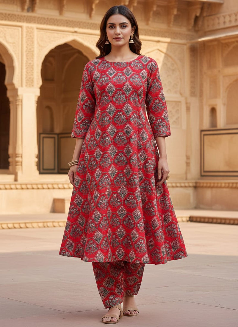 Red Ethnic Floral Diamond Pattern Upada Silk Digital Printed Fabric
