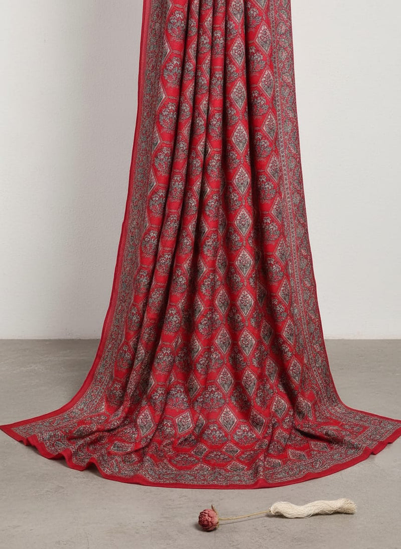 Red Ethnic Floral Diamond Pattern Upada Silk Digital Printed Fabric