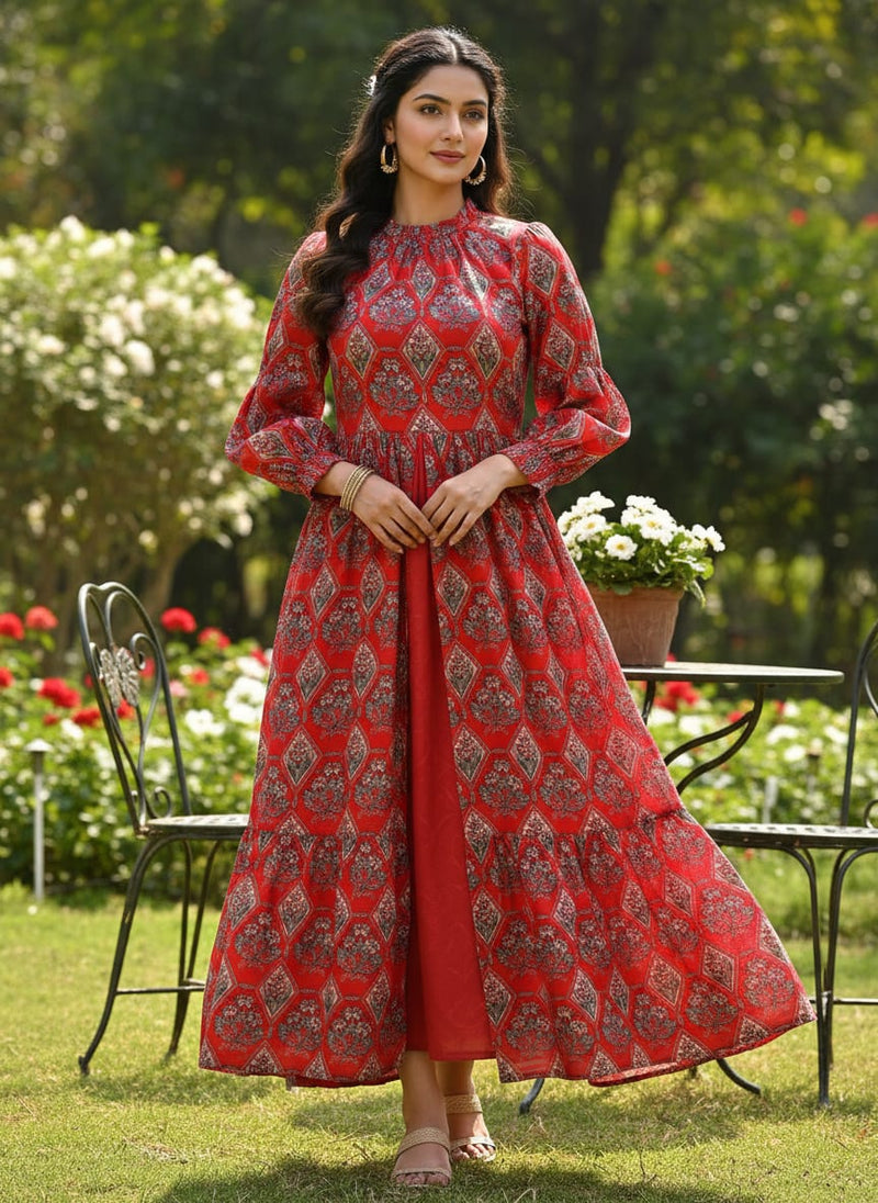 Red Ethnic Floral Diamond Pattern Upada Silk Digital Printed Fabric