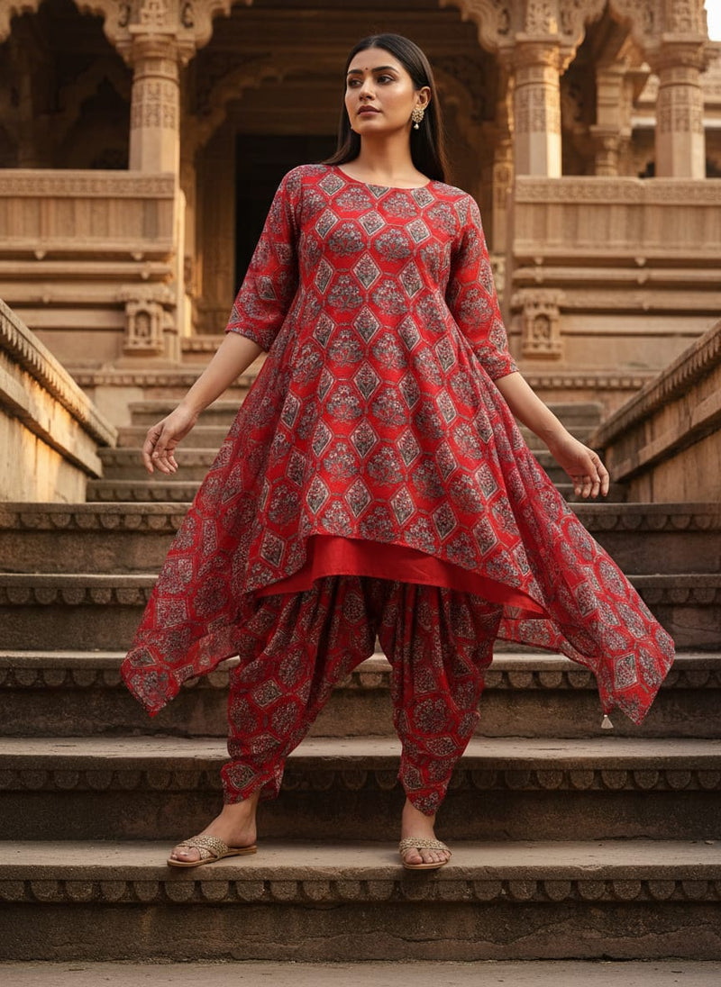 Red Ethnic Floral Diamond Pattern Upada Silk Digital Printed Fabric
